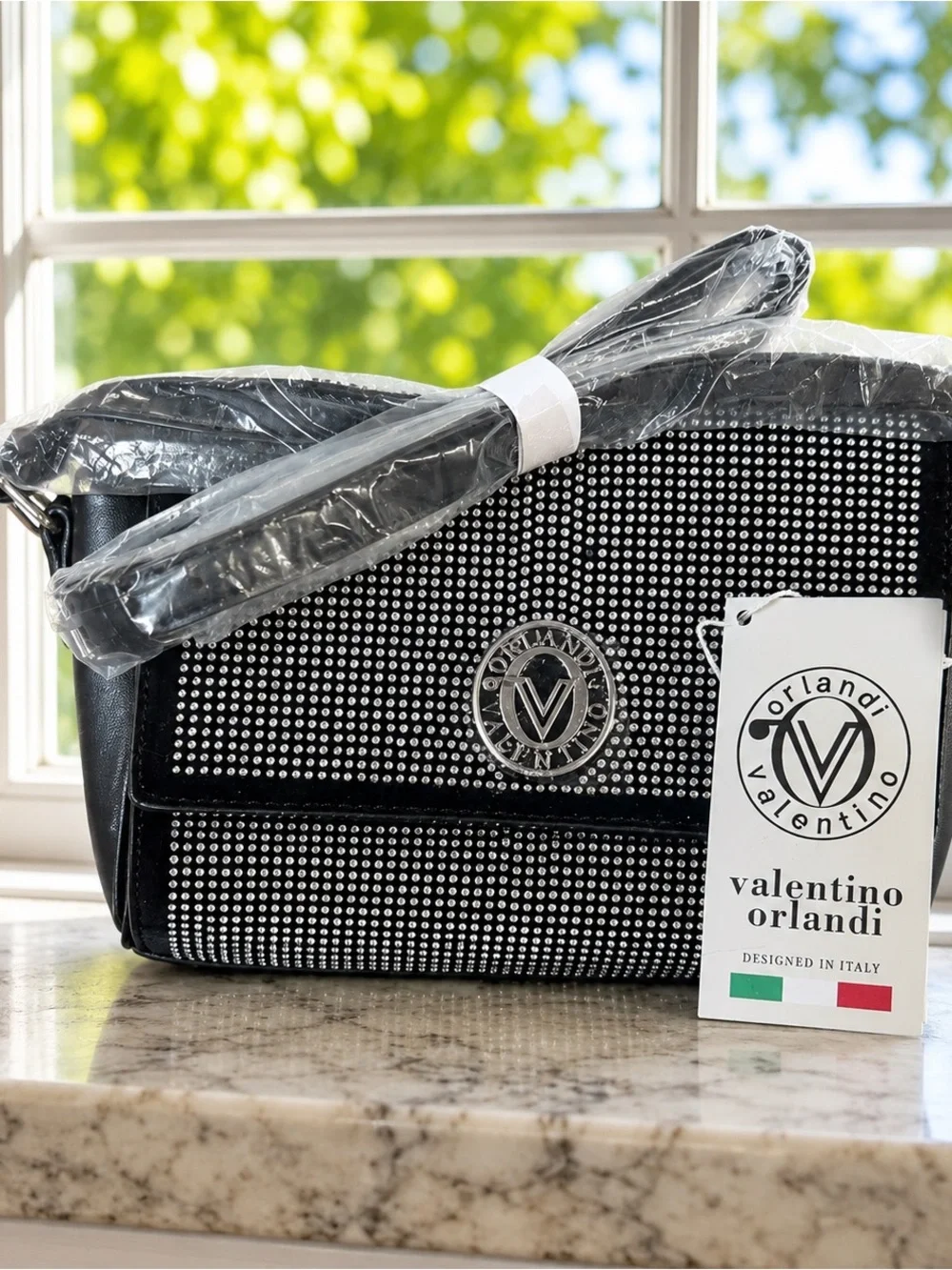Valentino Orlandi Black Crystal-Studded Messenger Bag